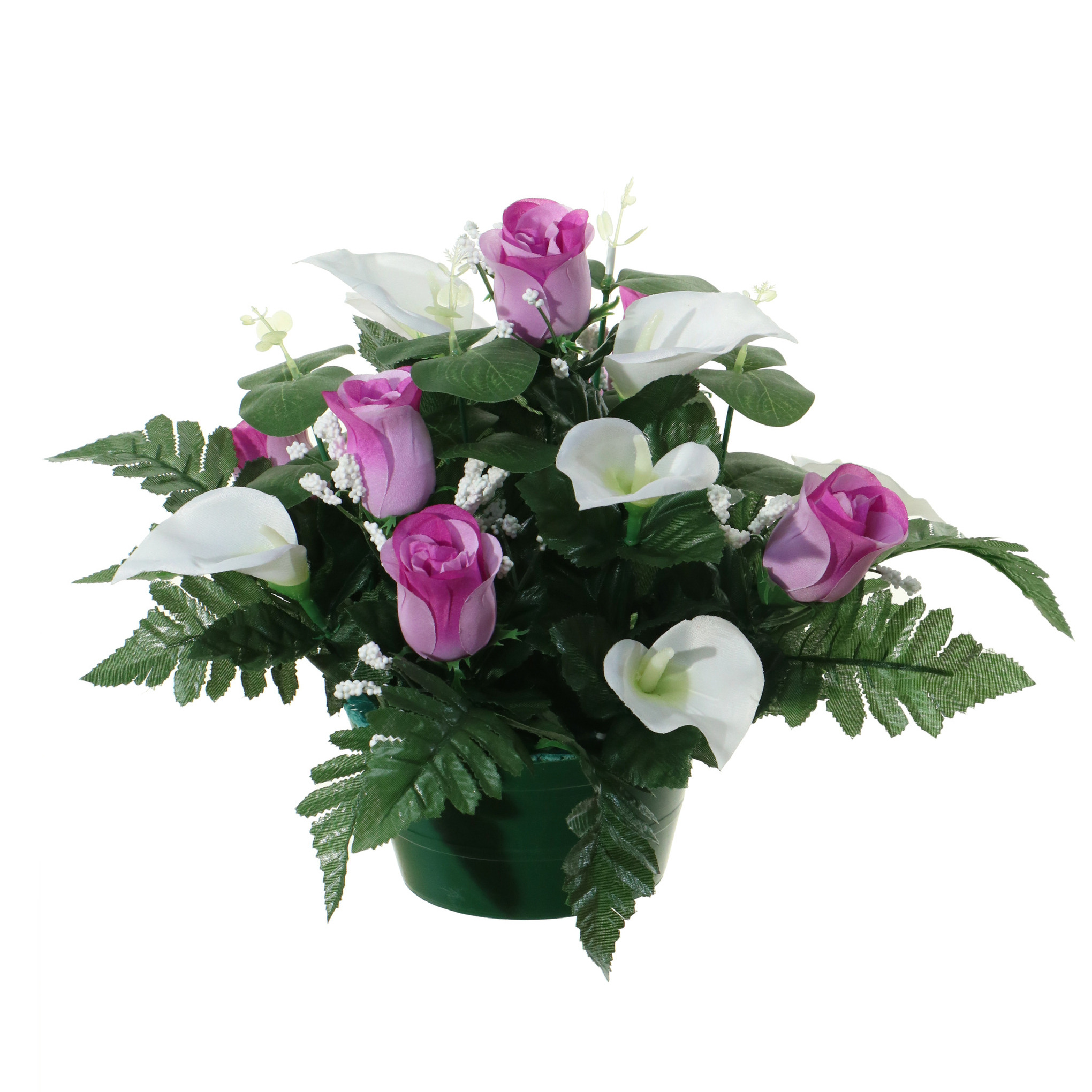 Kunstbloemen plantje in pot - wit/paars - 26 cm - Bloemstuk ornament - met bladgroen