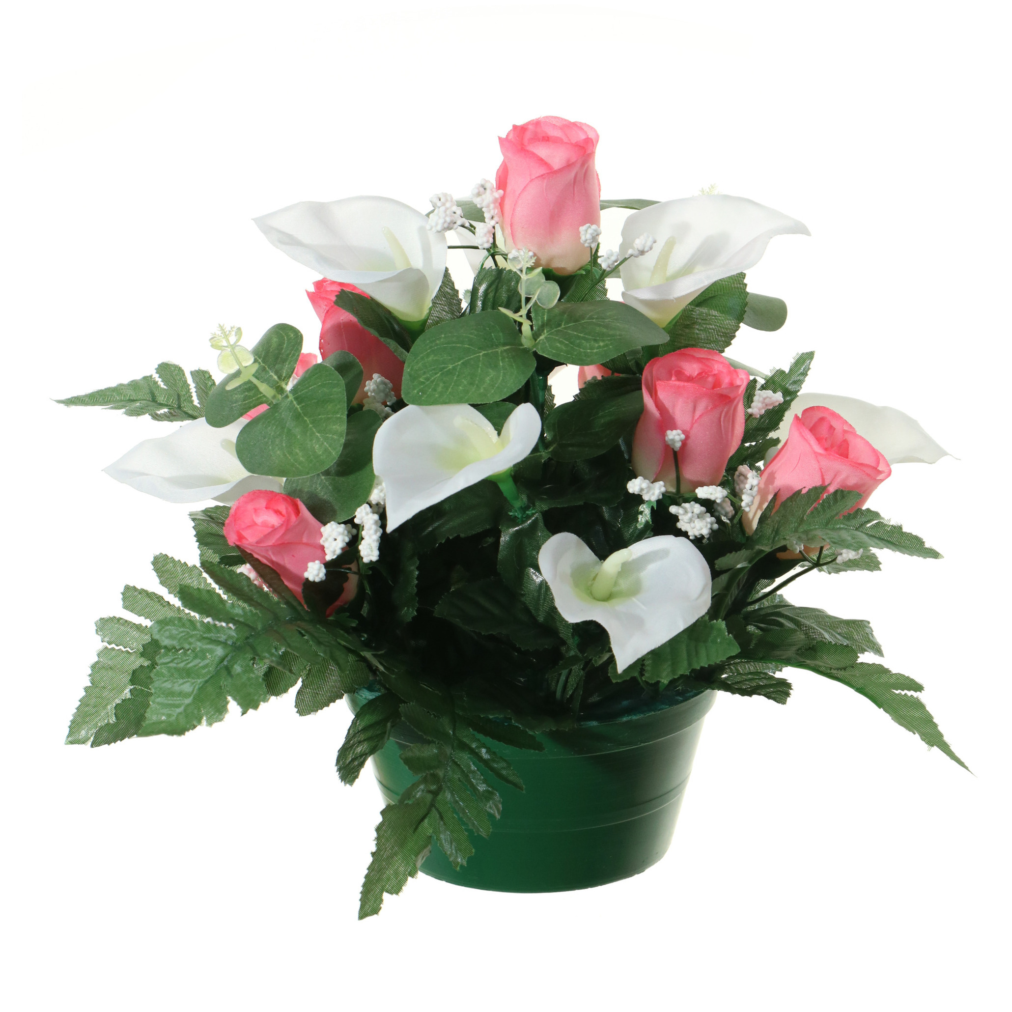 Kunstbloemen plantje in pot - wit/roze - 26 cm - Bloemstuk ornament - met bladgroen