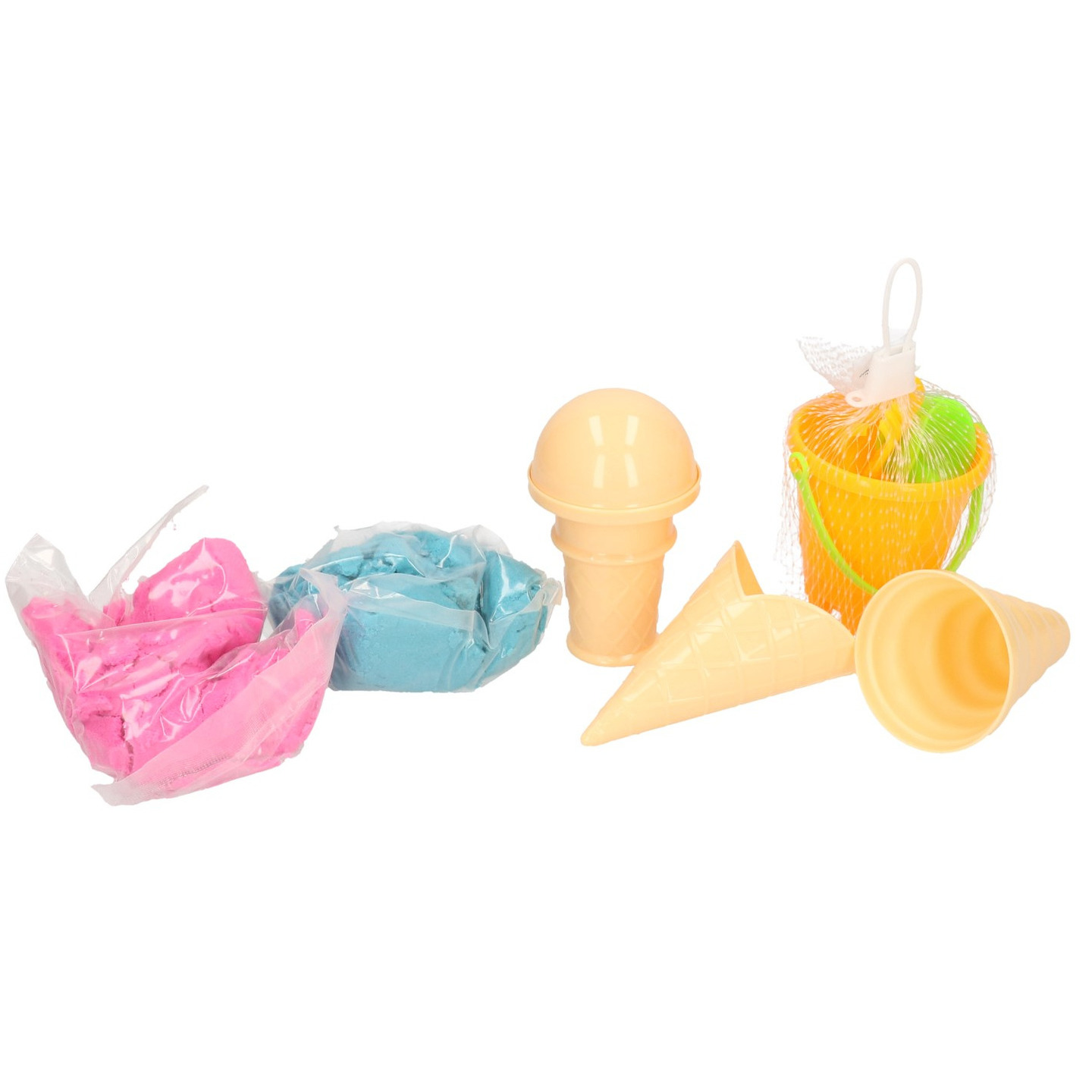 Magisch speelzand paars/groen met ijs vormpjes en emmer speelgoed