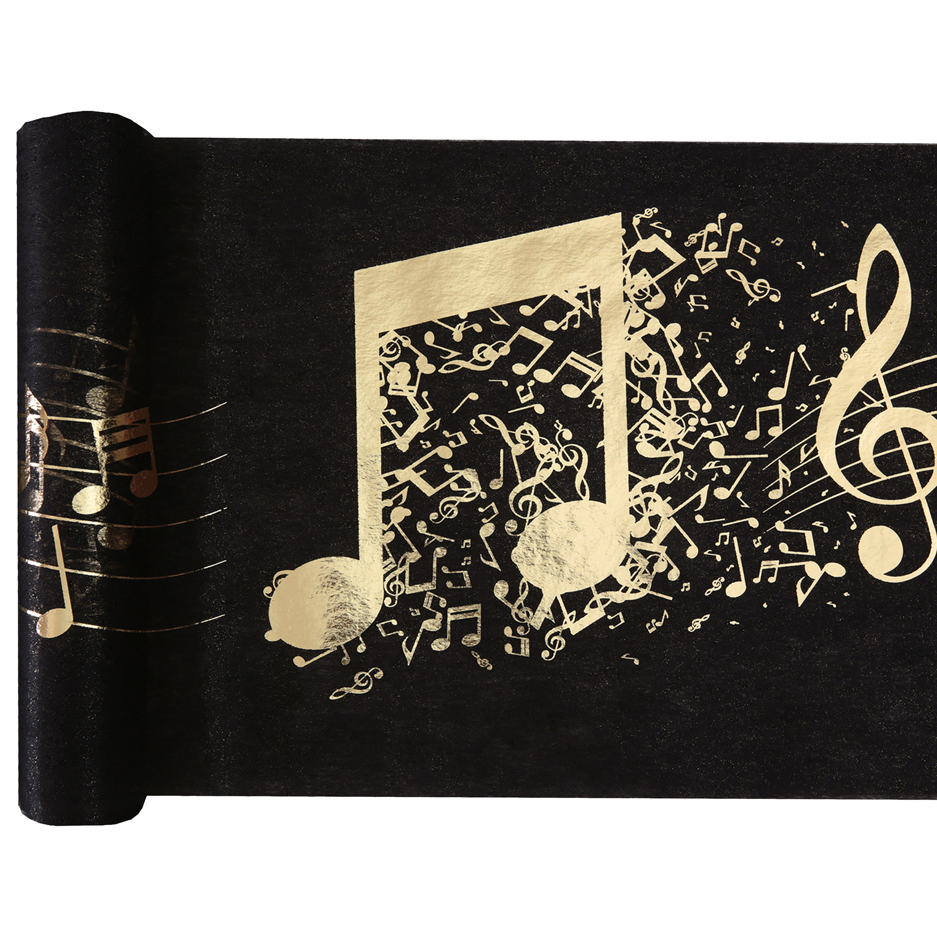Muziek thema tafelloper op rol 5 m x 30 cm zwart-goud non woven polyester