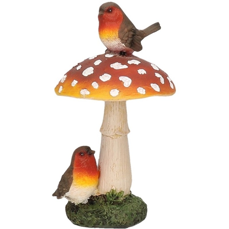 Paddenstoel huiskamer beeldje met roodborst vogels 16 cm