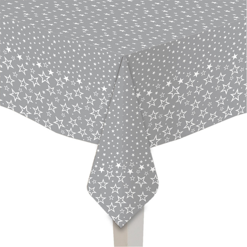 Papieren tafelkleden zilver met witte sterren print 140 x 220 cm