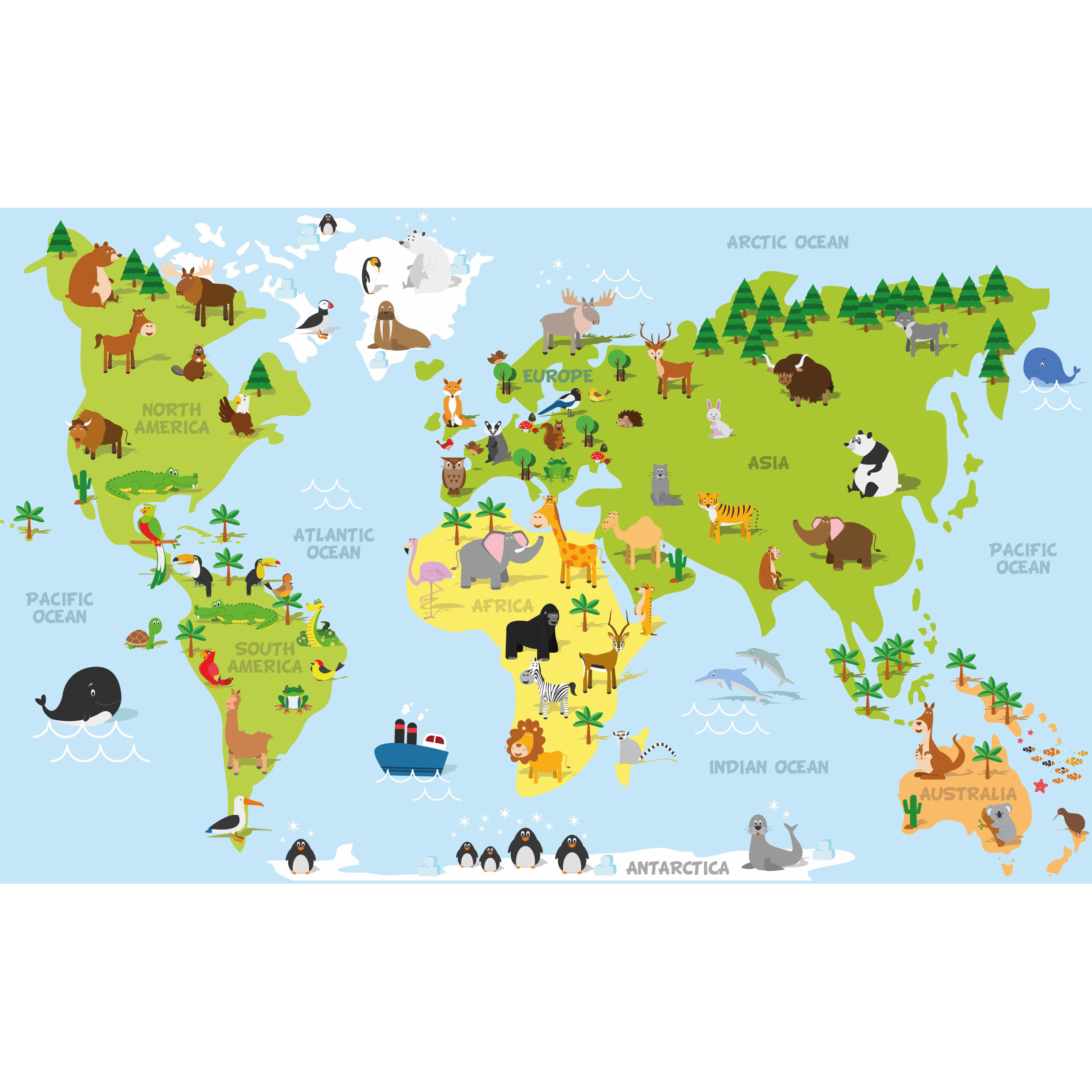 Poster wereldkaart met dieren - natuurlijke leefgebieden voor op kinderkamer - school 84 x 52 cm