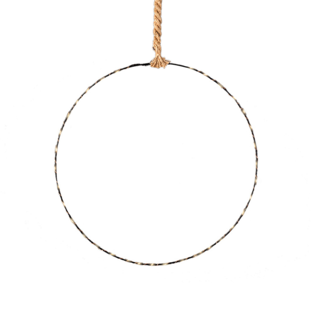 Raam/deur decoratie hangende ijzeren cirkel/ring aan touw met verlichting 48 cm