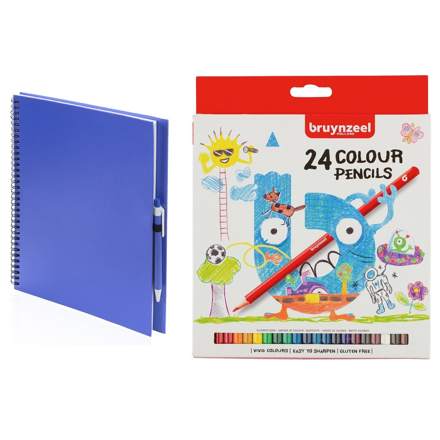Schetsboek-tekenboek blauw met 24 kleurpotloden