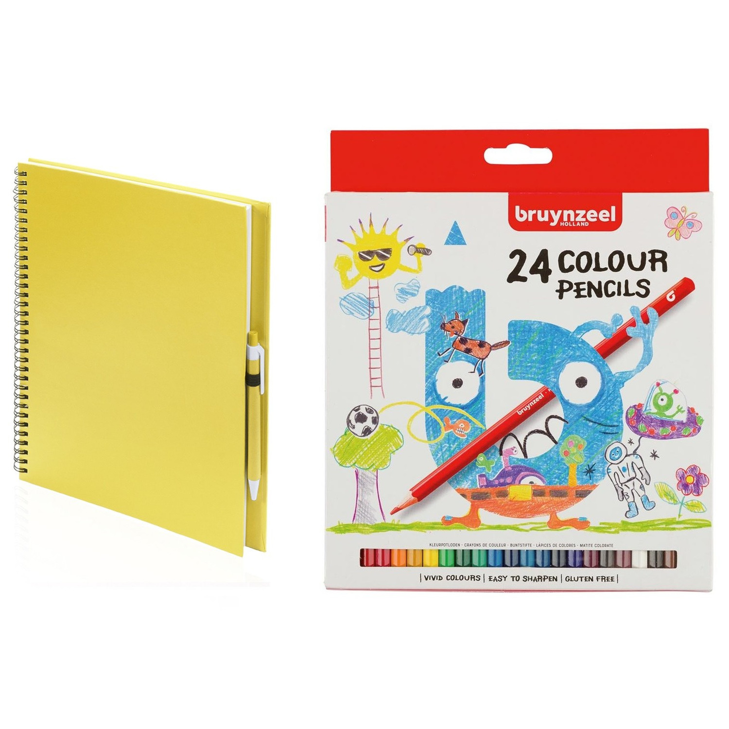 Schetsboek/tekenboek geel met 24 kleurpotloden
