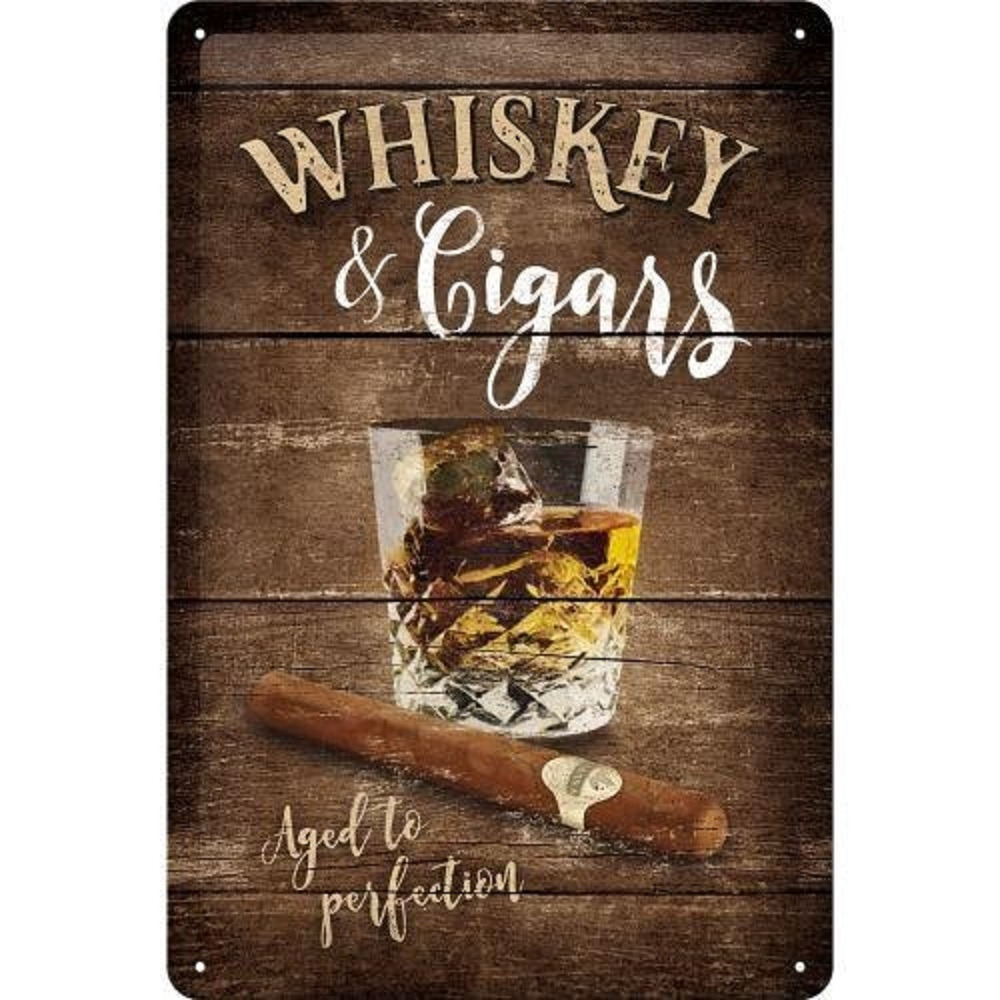 Tinnen muurplaatje Whisky and Cigars 20 x 30 cm