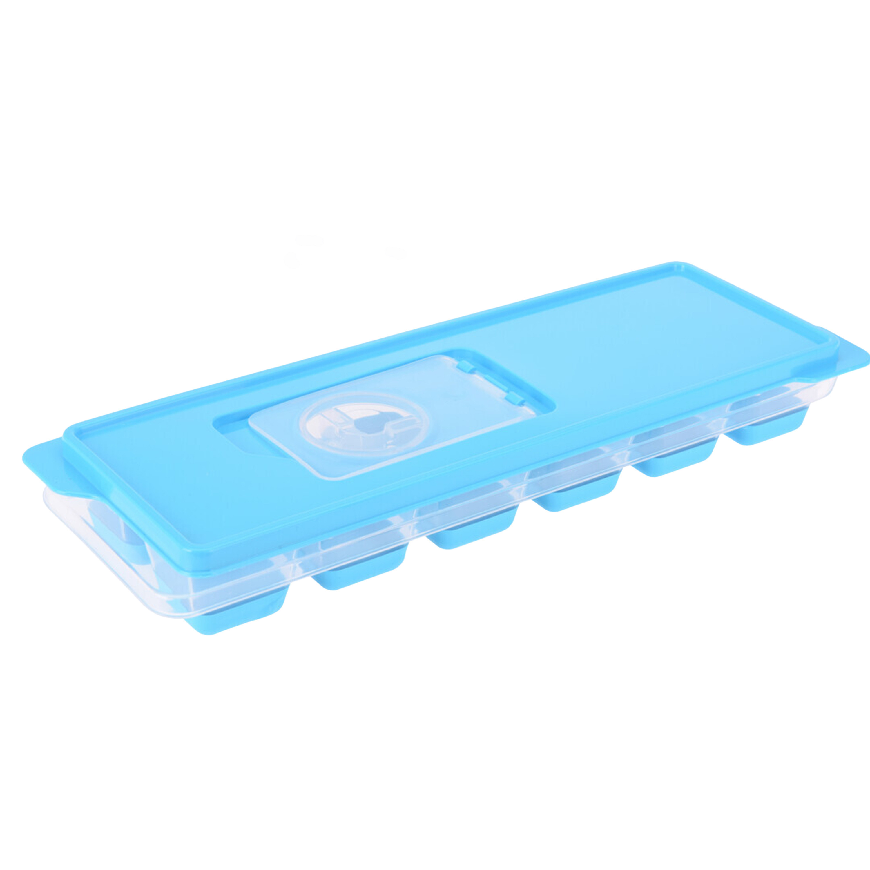 Tray met ijsklontjes/ijsblokjes vormpjes 12 vakjes kunststof blauw met afsluitdeksel