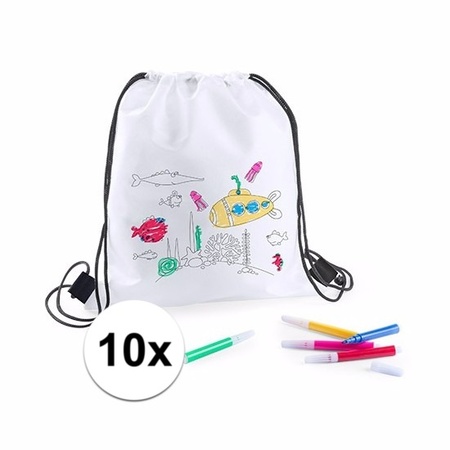 10 white gym bags with markers