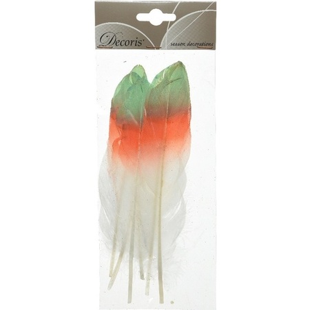 12x Green/orange/white feathers 18 cm decorations
