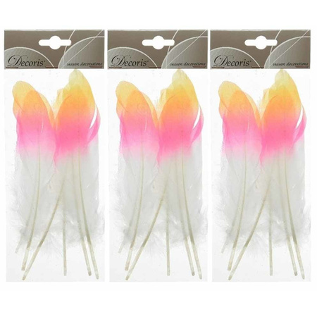 18x Yellow/pink/white feathers 18 cm decorations