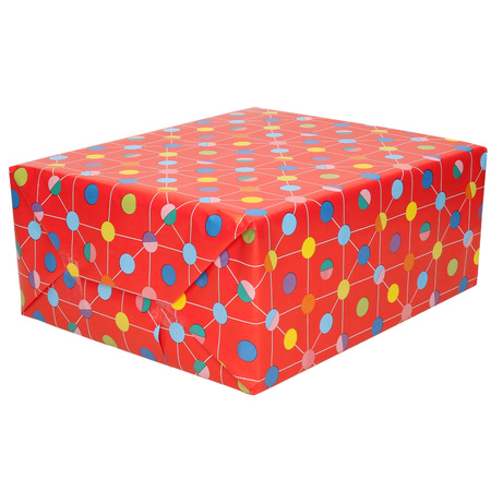 1x Wrapping paper red with colored dots design 70 x 200 cm
