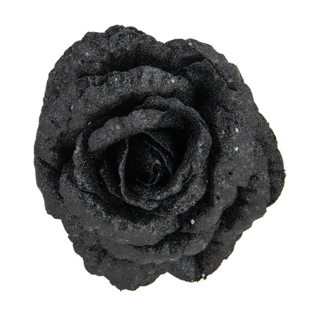 1x decoration flowers rose on clips black glitter 15 cm