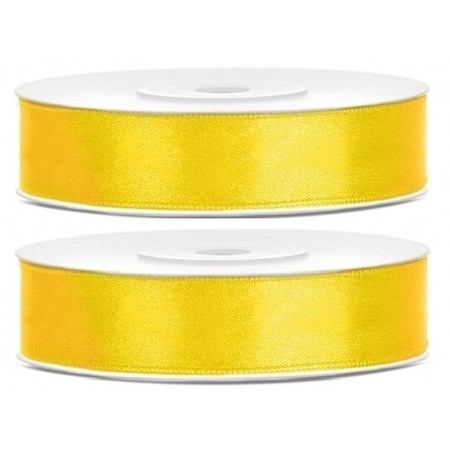 2x Hobby/decoration yellow satin ribbons 1.2 cm/12 mm x 25 meters