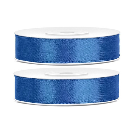 2x Hobby/decoration royal blue satin ribbons 1.2 cm/12 mm x 25 meters