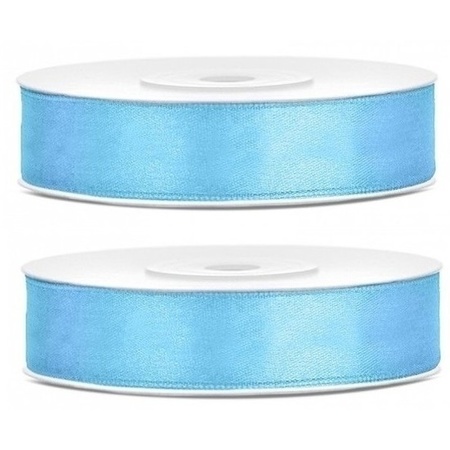 2x Hobby/decoration pale blue satin ribbons 1.2 cm/12 mm x 25 meters