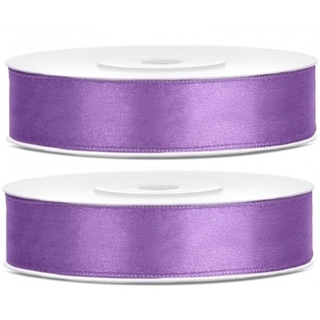 2x Hobby/decoration lavender purple satin ribbons 1.2 cm/12 mm x 25 meters