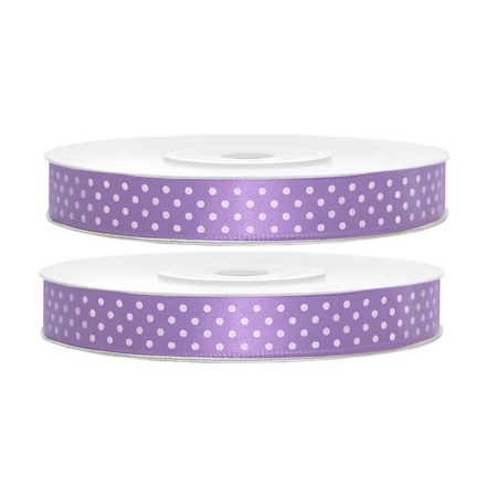 2x Hobby/decoration lavender purple satin ribbons with whit dots 1.2 cm/12 mm x 25 meters
