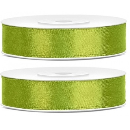 2x Hobby/decoration lime groen satin ribbons 1.2 cm/12 mm x 25 meters