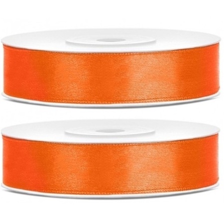 2x Hobby/decoration orange satin ribbons 1.2 cm/12 mm x 25 meters