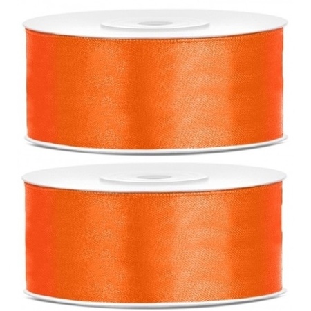 2x Hobby/decoration orange satin ribbons 1.5 cm/25 mm x 25 meters