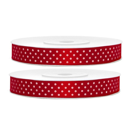 2x Hobby/decoration red satin ribbons with white dots 1.2 cm/12 mm x 25 meters