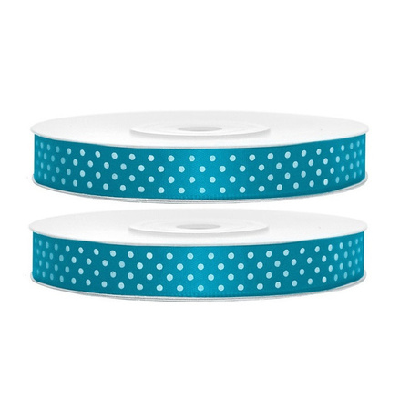 2x Hobby/decoration turquoise satin ribbons with white dots 1.2 cm/12 mm x 25 meters