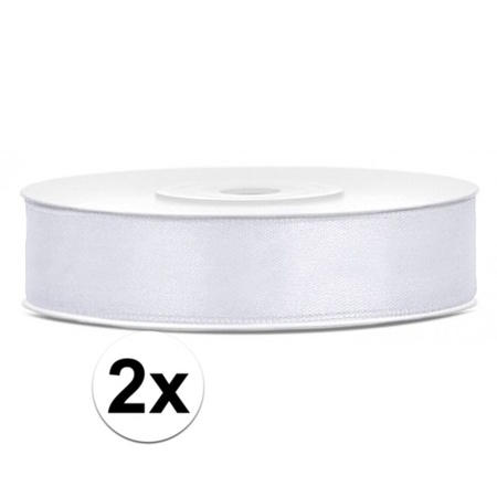 2x Hobby/decoration white satin ribbons 1.2 cm/12 mm x 25 meters
