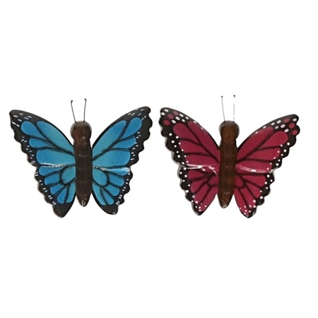 2x magneet hout blauwe en roze vlinder