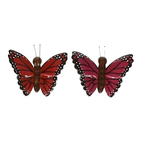 2x magneet hout rode en roze vlinder