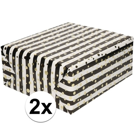2x Gemetaliseerd inpakpapier/cadeaupapier wit/ zwarte streepjes en gouden ballen 150 cm per rol