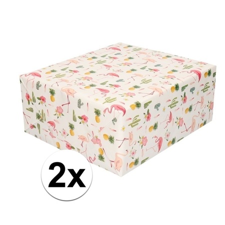 2x Roze flamingo en tropische print inpakpapier/cadeaupapier 200 cm per rol