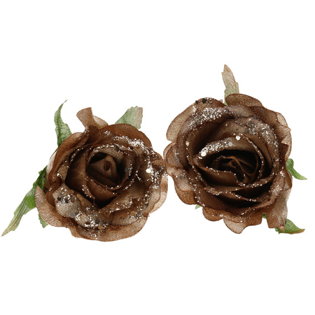 2x decoration flowers rose on clips gold brown glitter 10 cm