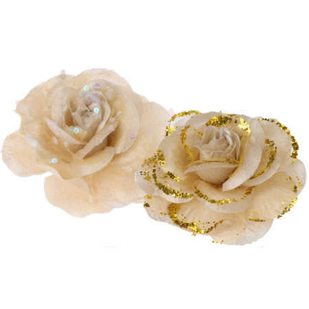 2x pcs decoration flowers roses gold on clip 9 cm