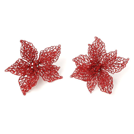 2x decoration flowers poinsettia on clips red glitter 18 cm