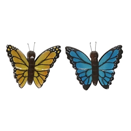 2x magneet hout gele en blauwe vlinder