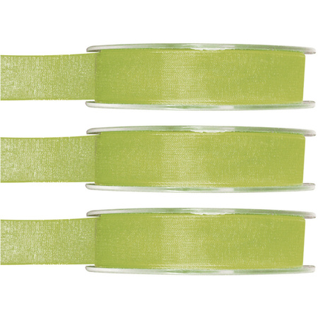 3x Hobby/decoration green organza ribbons 1,5 cm/15 mm x 20 meters