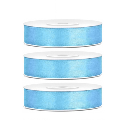 3x Hobby/decoration pale blue satin ribbons1.2 cm/12 mm x 25 meters