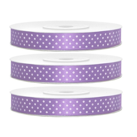 3x Hobby/decoration lavender purple satin ribbons with whit dots 1.2 cm/12 mm x 25 meters