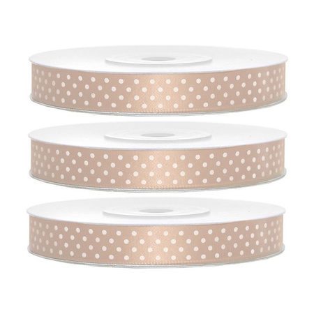 3x Hobby/decoration light salmon satin ribbons with white dots 1.2 cm/12 mm x 25 meters