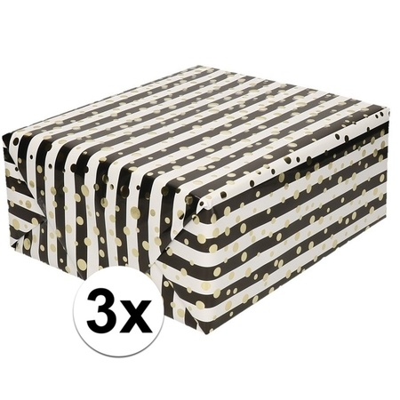 3x Gemetaliseerd inpakpapier/cadeaupapier wit/ zwarte streepjes en gouden ballen 150 cm per rol