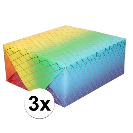 3x Regenboog kleuren en grafische print inpakpapier/cadeaupapier 200 cm per rol