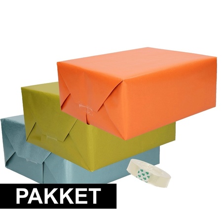 3x kraft cadeaupapier met rolletje plakband oranje/groen/blauw