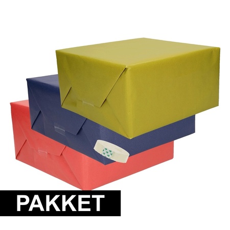 3x kraft cadeaupapier met rolletje plakband groen/donkerblauw/rood