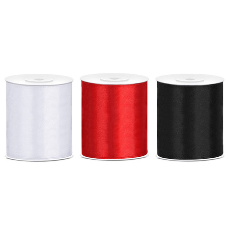 3x rolls hobby decoration satin ribbon black-white-red 10 cm x 25 meters