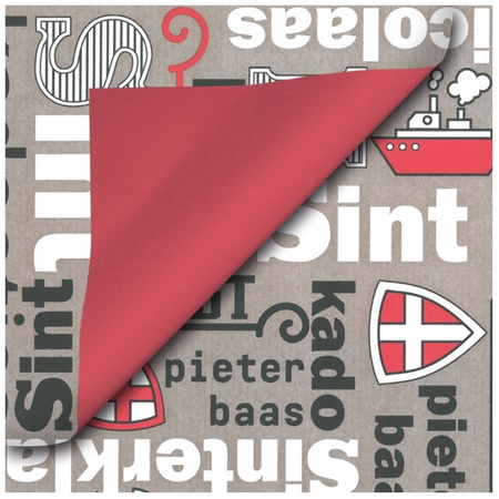3x Rollen Sinterklaas inpakpapier/cadeaupapier taupe/rood 2,5 x 0,7 meter