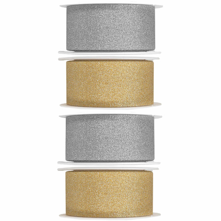 4x Hobby/decoration silver and gold ribbons with glitters 3 cm/30 mm x 5 meter