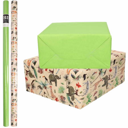 4x Rolls kraft wrapping paper jungle/wilderness pack - green/animal design 200 x 70 cm