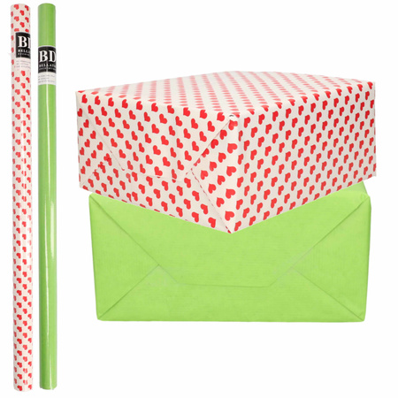 4x Rolls kraft wrapping paper red hearts pack - green 200 x 70 cm