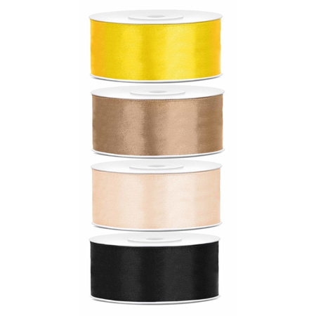 4x rolls satin ribbon - gold-black-white-yellow 2.5 cm x 25 meters
